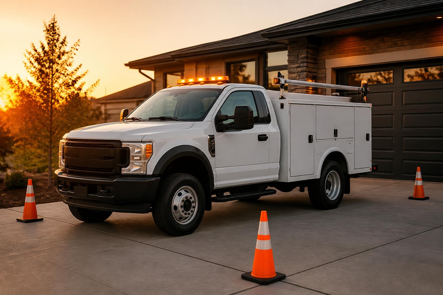 Work truck arriving at a customer's home at dusk
