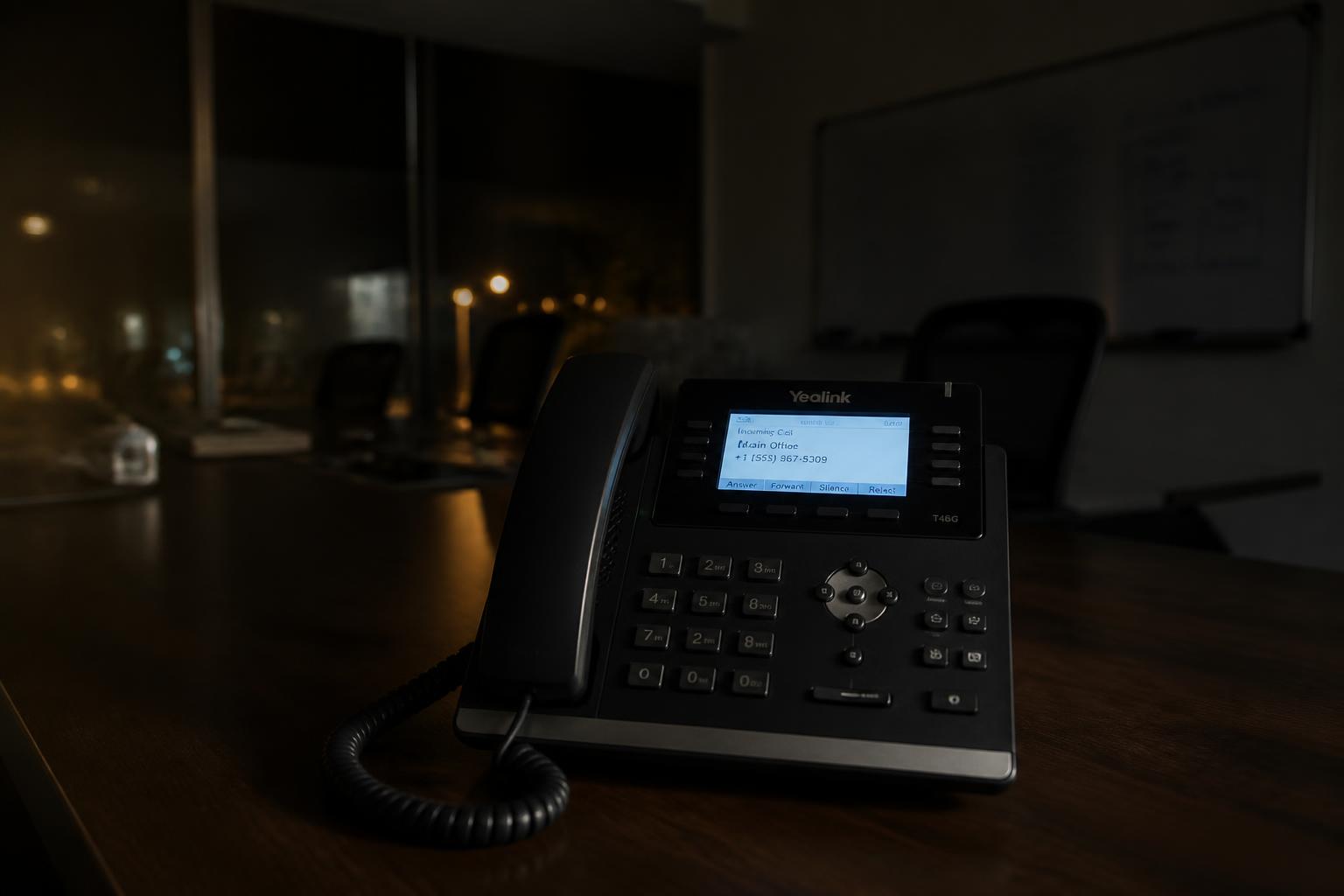 Phone ringing in an empty office at night