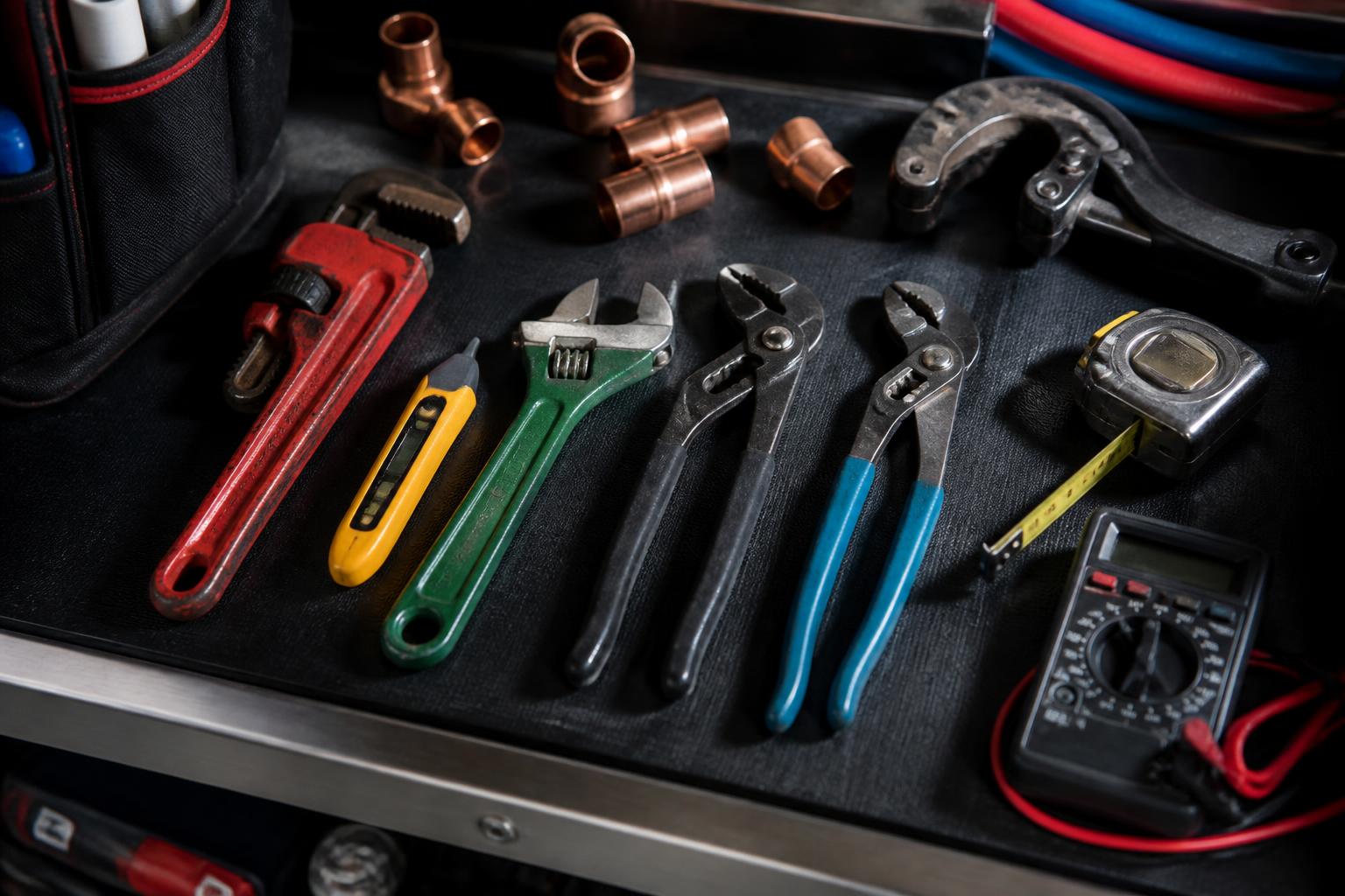 Trade tools and a smartphone on a workbench